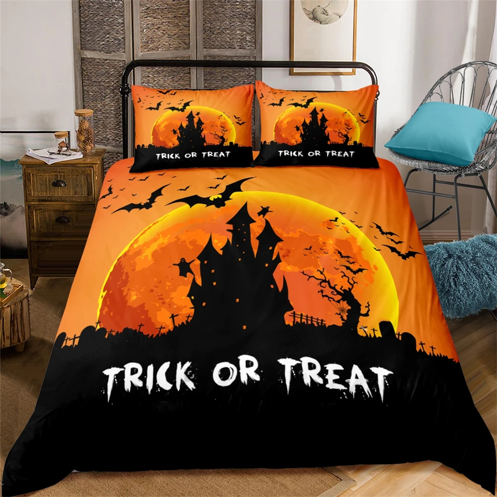 

Happy Halloween Bedding Set Digtal Printed Duvet Cover Set Kids Gift Bedclothes Pillowcase Trick or Treat Orange Bed Linen Set