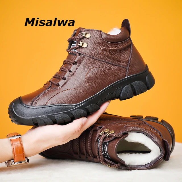 Misalwa-zapatos térmicos de cuero genuino para hombre, calzado de lana para mantener el calor, informales de diseñador para escalada nieve al aire libre, Invierno - AliExpress