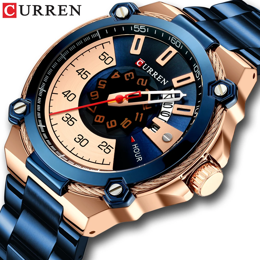 CURREN Модные мужские часы 2019 креативные Reloj Hombre синие из нержавеющей стали золотой