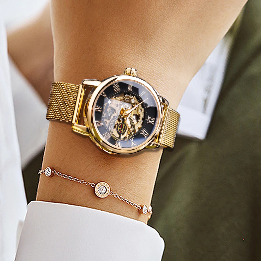 Forsining Fashion Luxury Rose Golden Skeleton Women Mechanical Watch Roman Numerals Transparent Watches Stainless Steel Clock | Наручные