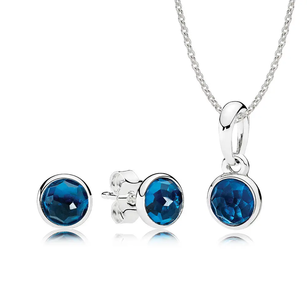 925 Sterling Silver RAU0264 September Sapphire Blue Droplets Pendant Necklace Earrings Gift Set
