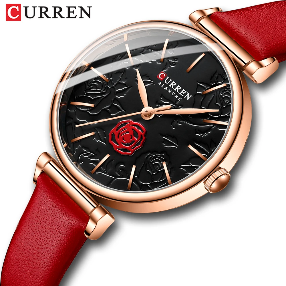 Curren Red Watches For Women Charming Flowers Dial Quartz Wristwatch