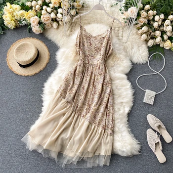 

ZCWXM Women Floral Strap Dress For Summer Irregular Mesh Patchwork Evening Sexy Off Shoulder Vacation Print Midi Dress New