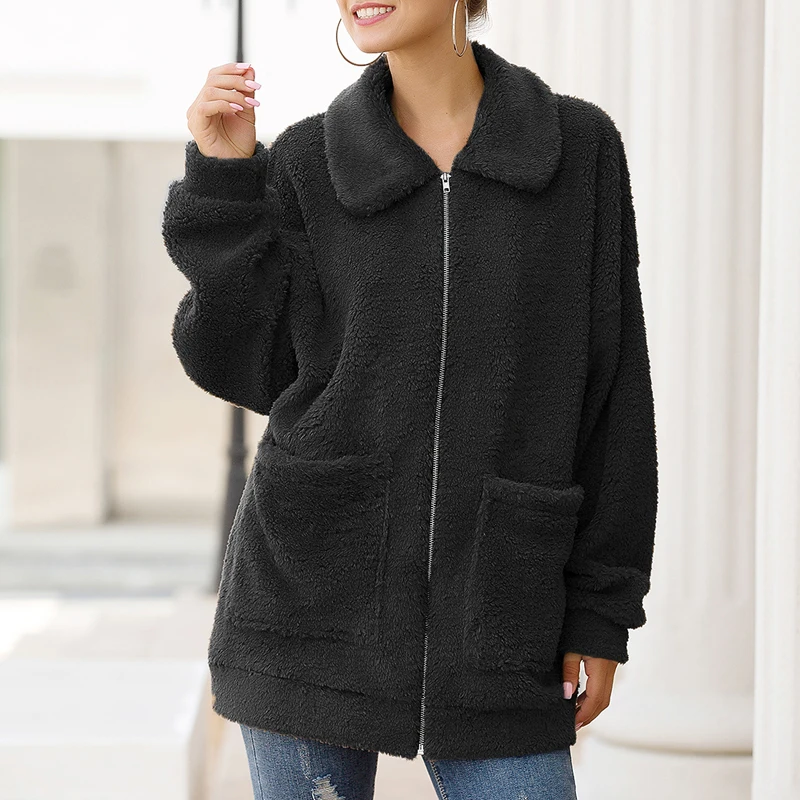 

JODIMITTY 2019 Women's Coat Lapel Fleece Fuzzy Faux Shearling Zipper Pockets Loose Coat Outdoor Sport Causal Party Winter Coat