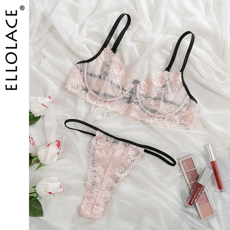 

Ellolace See Through Bra Set Sexy Lingerie Women's Underwear Set Floral Embroidery Lingerie Set Transparent Bra Lenceria