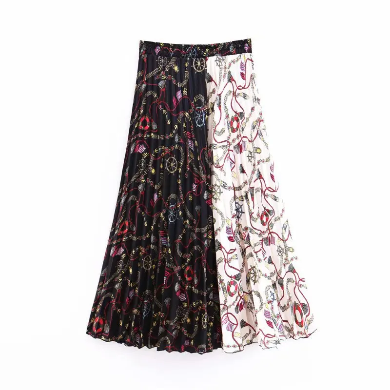 

2019 Spring And Summer New Style WOMEN'S Dress Navigation-Style Mixed Colors Pleated Skirt Women's High-waisted Medium-length Dr