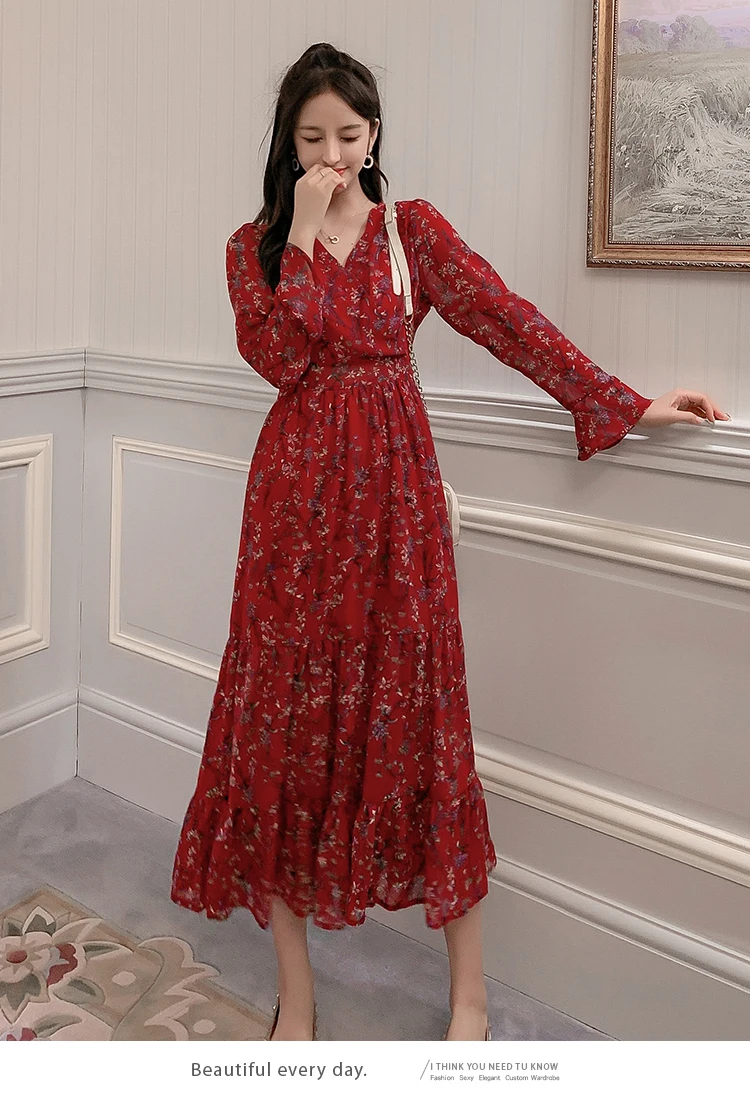 Женское шифоновое платье, весна-осень, модное женское винтажное платье с длинным рукавом и v-образным вырезом, платье трапециевидной формы с цветочным принтом, повседневные платья Vestidos