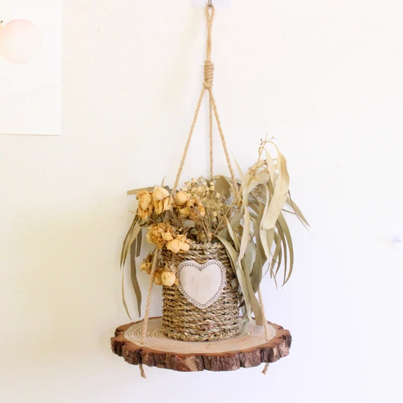 Растение ретро дерево чип декоративная стойка с веревкой для дома, древесные подвесная полка украшения стены хранения подвесная полка для растений