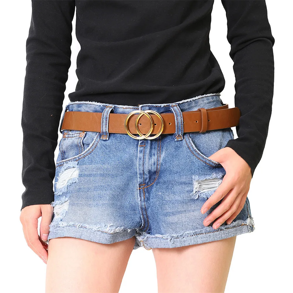 Женские ремни с двойной круглой пряжкой для джинсов, модный кожаный ремень с золотой пряжкой, высокое качество, дизайнерский ремень