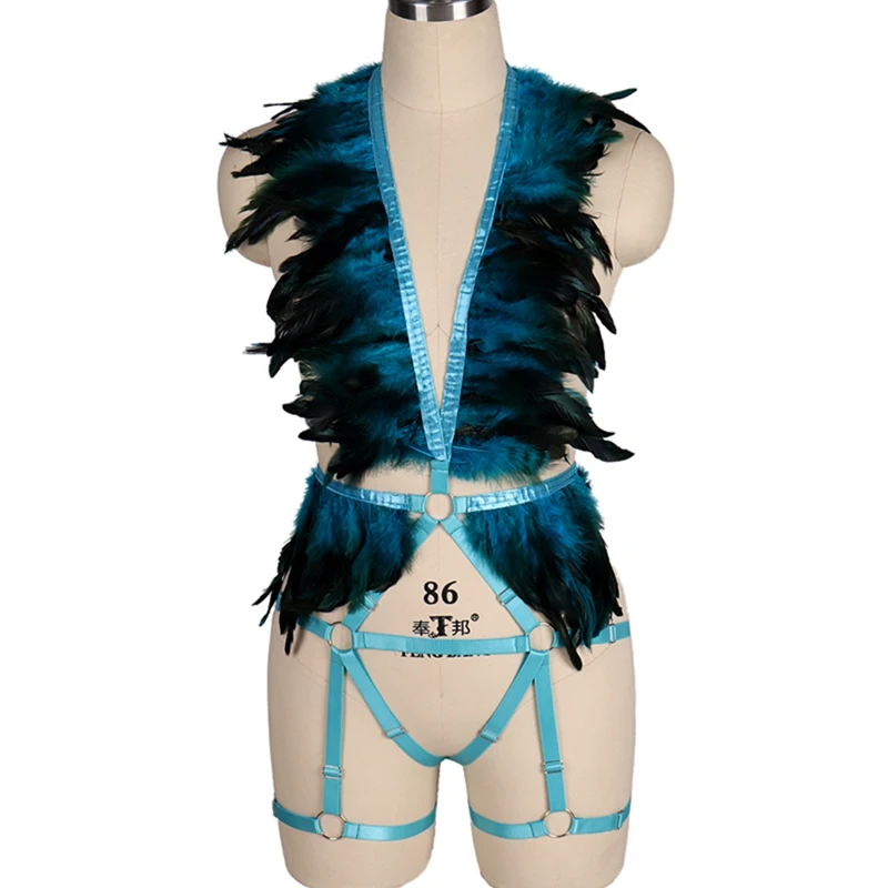 MLCO0016BLUE Перьевые эполеты крылья Готический Rave перо платье BurningMan боди жгут белье зеленый бандаж Подвязки Пояс искусство одежда - Цвет: MLCO0016BLUE