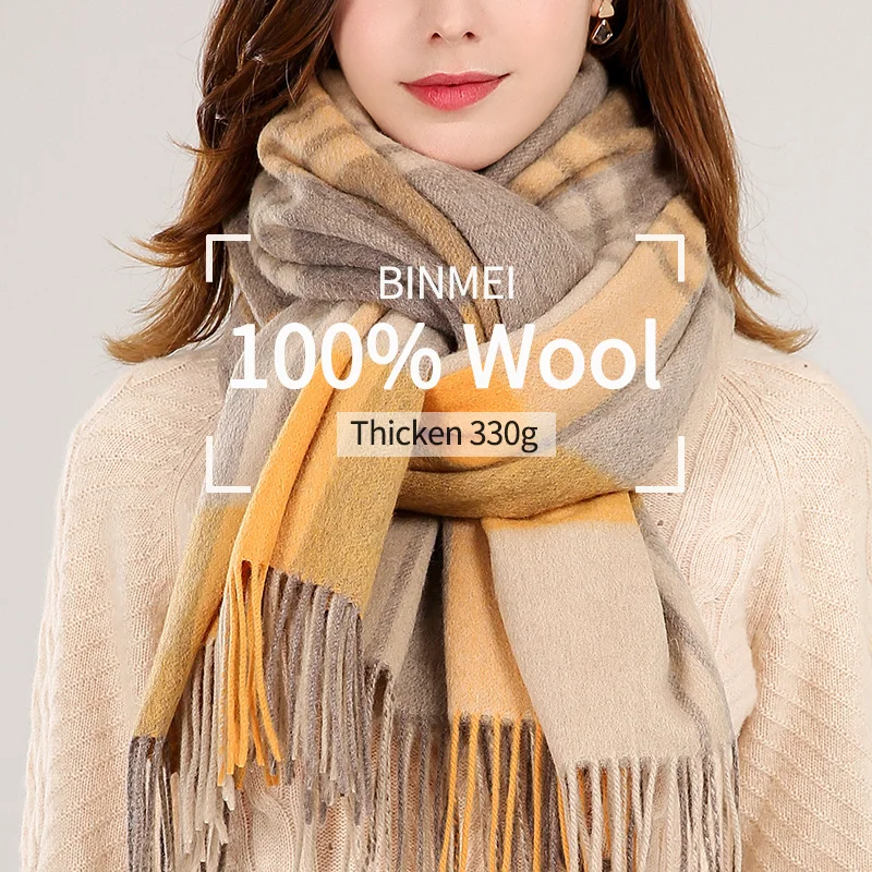 Winter Plaid 100% Lamb Wool Scarf Women Thicken Warm Shawls,Wraps Ladies Echarpe Pashmina with Tassel Cashmere Scarves Foulard