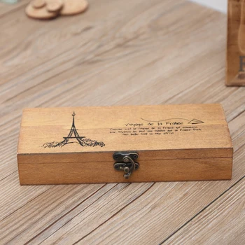 

Eiffel Tower Students Retro School Durable Home Portable Pen Storage Stationery Wooden Pencil Case