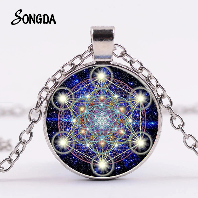 

SONGDA Mysterious Metatron Cube Necklace Sacred Geometry Flower of Life Glass Pendants Magic Hexagram Choker Jewelry for Unisex