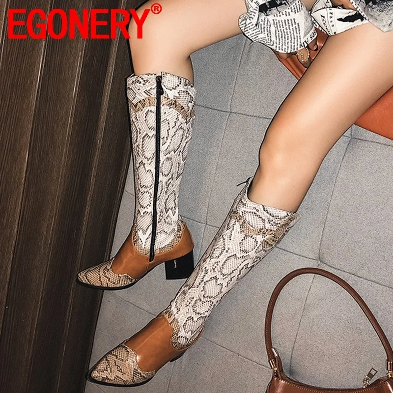 

EGONERY winter new fashion sexy knee high boots outside high heels zip pointed toe mixed colors party women shoes drop shipping