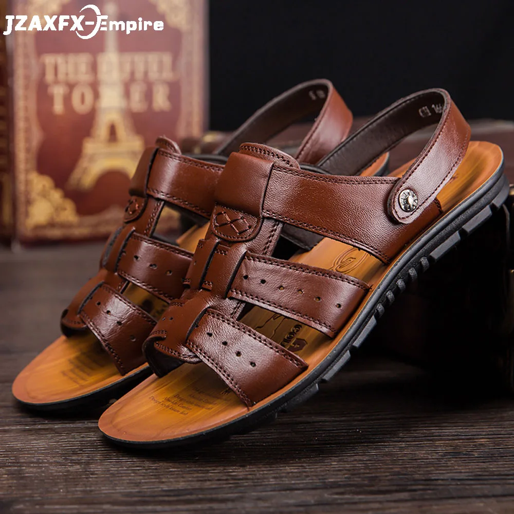 

2019 summer mens slippers genuine leather sandals outdoor casual men leather sandals for Beach shoes Men's Shoes Retro