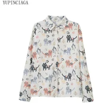 Women Chiffon Blouse Cartoon Cat Print Shirt 2020 Long Sleeve Turndown Collar comfortable loose Tops And Blouses For Ladies