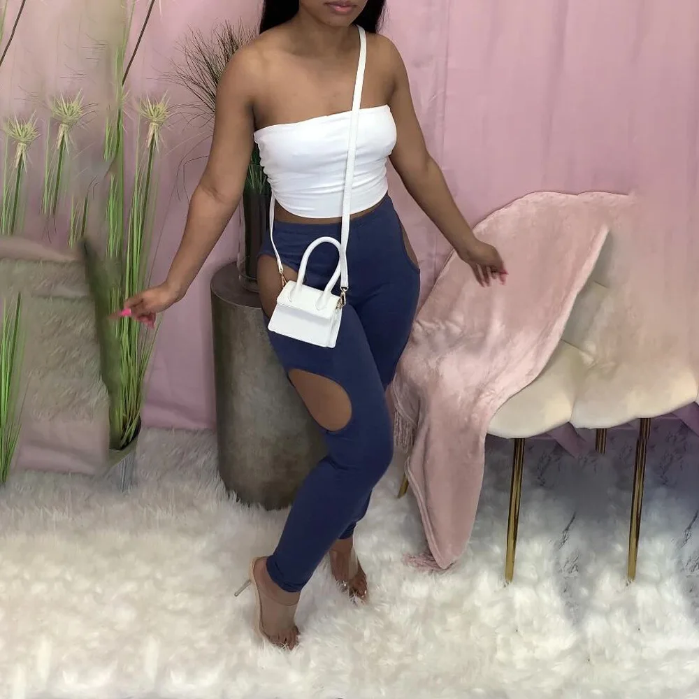 

High Waist Thin Bandage Pencil Pants Female High Quality Side Cut Out Holes Trousers Street Pocket Hip Trousers Solid Color