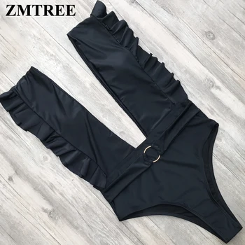 

ZMTREE Bodysuit Deep V Neck Swimwear One Piece Women Swimsuit With Belt Beach Wear Monokini 2019 Sexy Bathing Suit Snake Cow