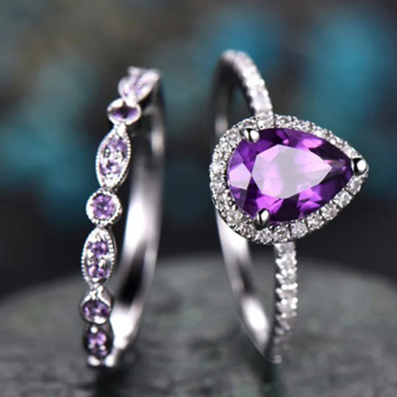 Vintage 2Pcs/Set Purple Stone Engagement Rings Women 's Drop Shape Zircon Bridal Wedding Ring Set Jewelry Gift