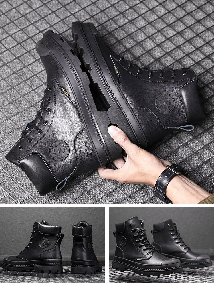 

Black And White with Pattern Martin Boots Men's plus Velvet Worker Boot British Style Ankle Boots Winter Leather Boot Fashion Hi