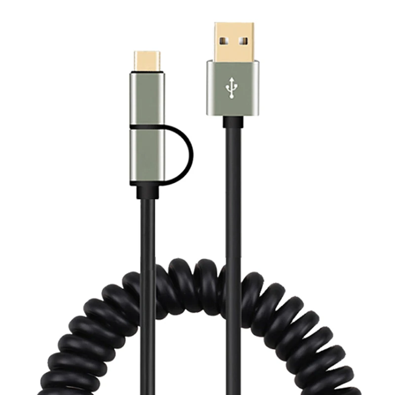 Выдвижной Micro USB type C кабель зарядного устройства 2 в 1 Весна Спиральный Android USB-C Быстрая зарядка кабель мобильного телефона 60 см/120 см/150 см