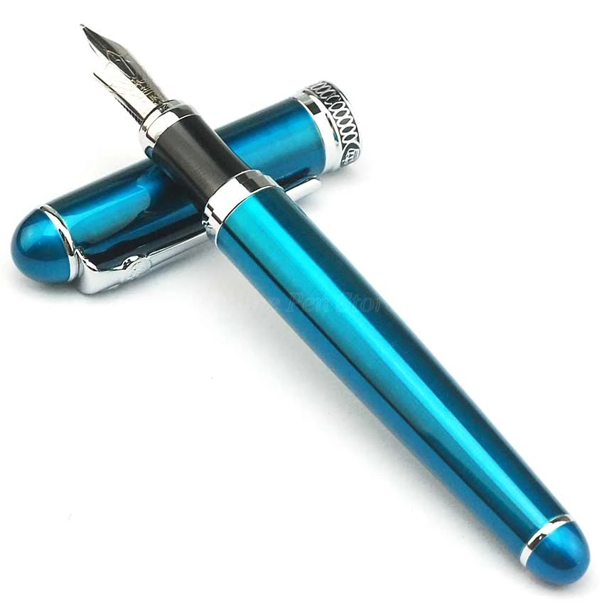 Duke D2 Green-Blue Barrel Metal Fountain Pen Medium Nib Silver Trim Professional Stationery Supplies Writing Tool Pen Gift