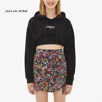 

Women Drop Shoulder Print Letter Cropped Hoodie With Curved Cut Hem