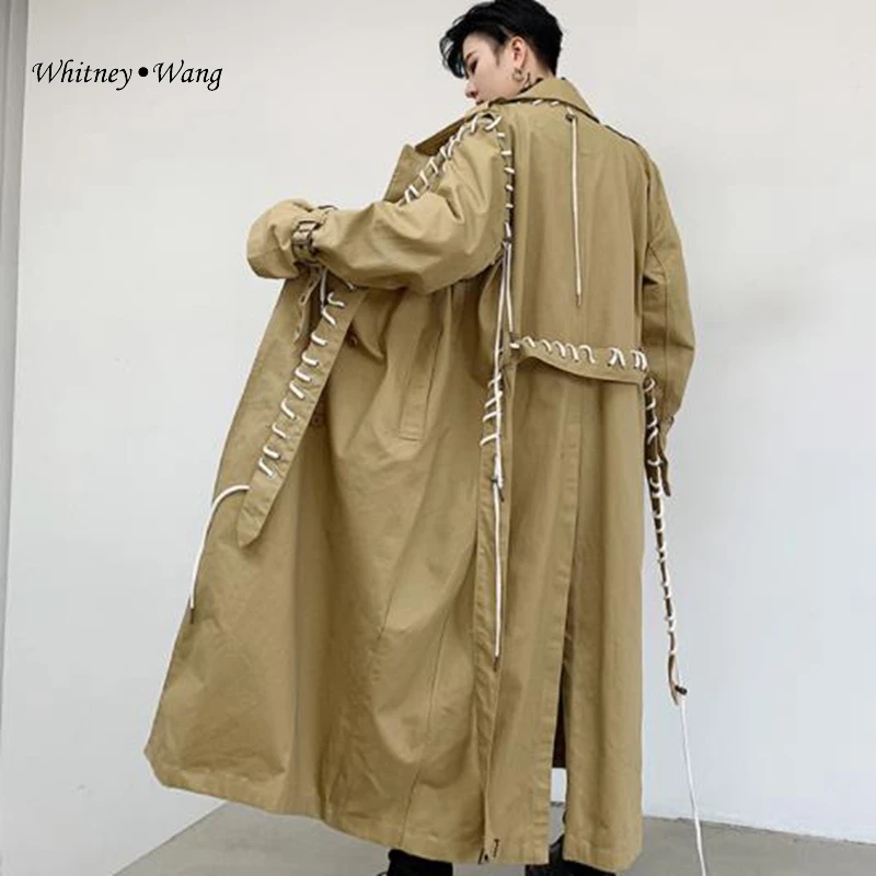 WHITNEY WANG осеннее модное уличное дизайнерское стильное длинное пальто со шнуровкой Мужская Стильная ветровка верхняя одежда