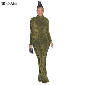 

2020 Striped Side Two Piece Set Loose Turtleneck Pullover Wide Leg Long Pants Glitter Outfits Sweat Suit Sexy Casual Clothing