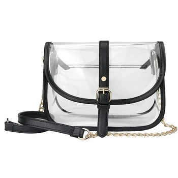 

AUAU-Clear Saddle Cross Body Bag Women Chain Shoulder Handbag Purse with Faux Leather Trim