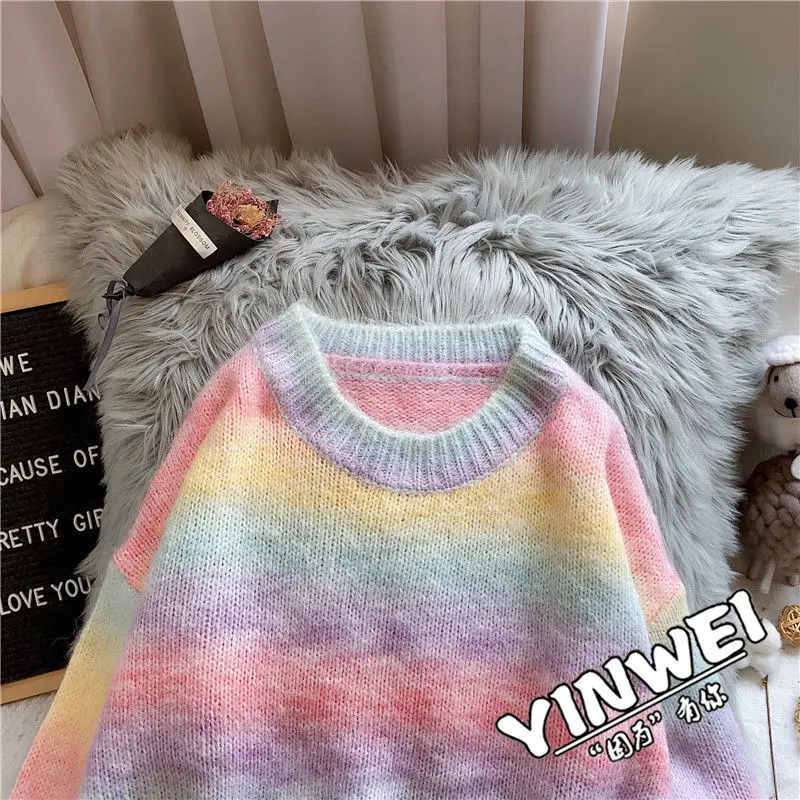 brown sweater Rainbow Cashmere Sweater Women Pullover Spring 2021 Women Sweater Loose College Style Knitted Sweater Top Colorful Thin Section ladies cardigans