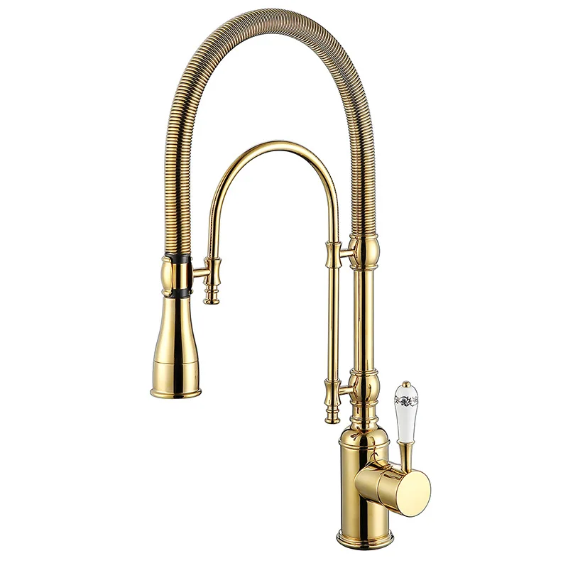 

European Style Brass Gold/ChromeFinished Kitchen Faucet Pull Out Spring Sink Mixer Multi-function Rotating Water Tap Deck Mounte