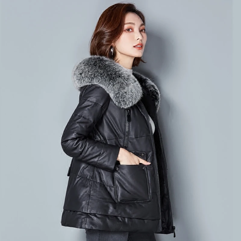 Sheepskin Coat Female Streetweat Raccoon Fox Fur Hooded Duck Down Genuine Leather Jacket Women Real Leather Coats Hiver 315