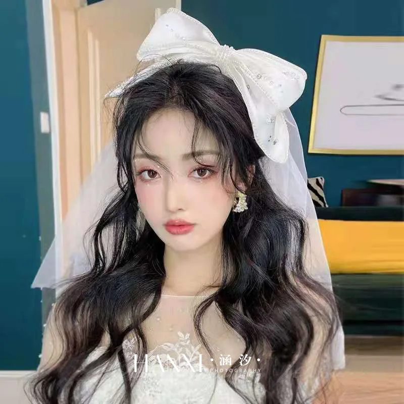 Bow veil Pearl hair clips Embellished Princess Satin Veil Bridal Headdress Romantic Wedding Hair Accessories