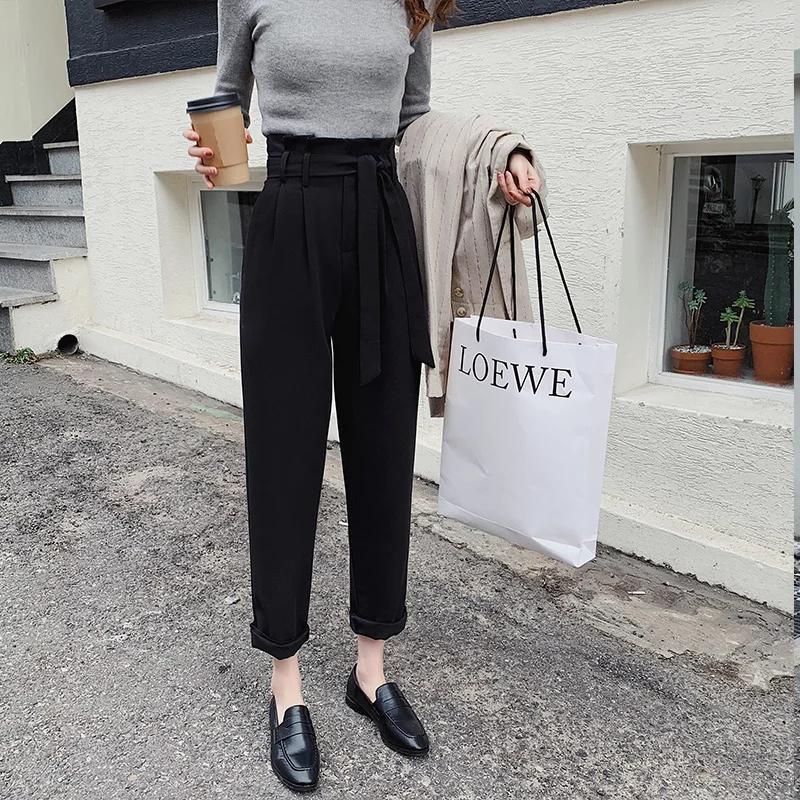 

Hot Sale High Waist Sashes Women Suit Pants Pockets Ankle-length Pencil Pants Elegant Female Trousers pantalon femme 2019
