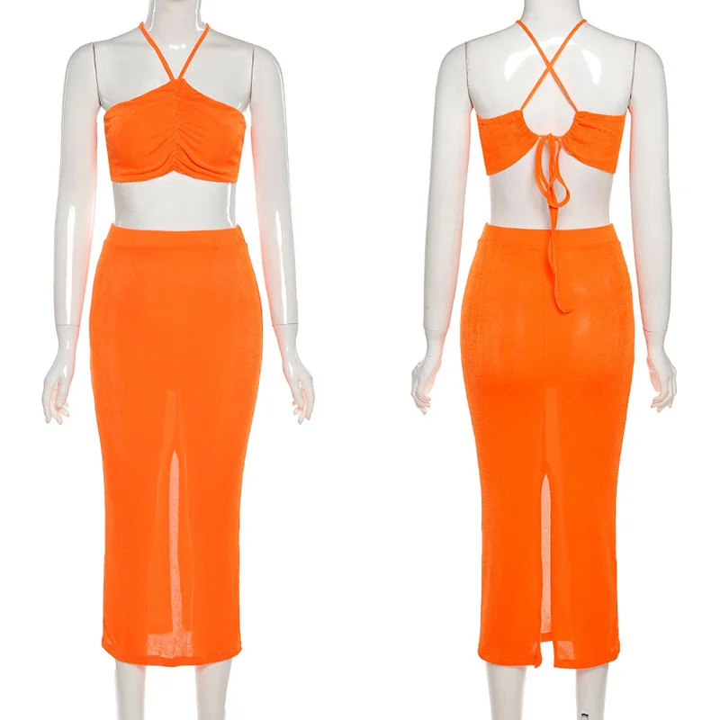 Halter Crop Top And Skirt Set Sexy Women Outfits Summer Dress Sets Cami Top Two Piece Set Skirt Elegant Party Club Outfits