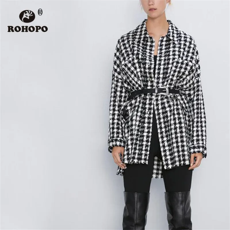 ROHOPO отложной воротник черный белый цвет твидовый в клетку пальто с пуговицами и