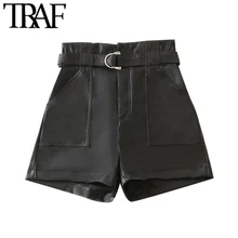 Fakuntn moda feminina chique com cinto de couro falso shorts vitnage cintura alta zíper voar bolsos feminino calças curtas mujer