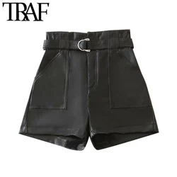 FAKUNTN – Short en Faux cuir pour femmes, Chic, mode avec ceinture, taille haute, fermeture éclair, poches à volants, pantalon court féminin 