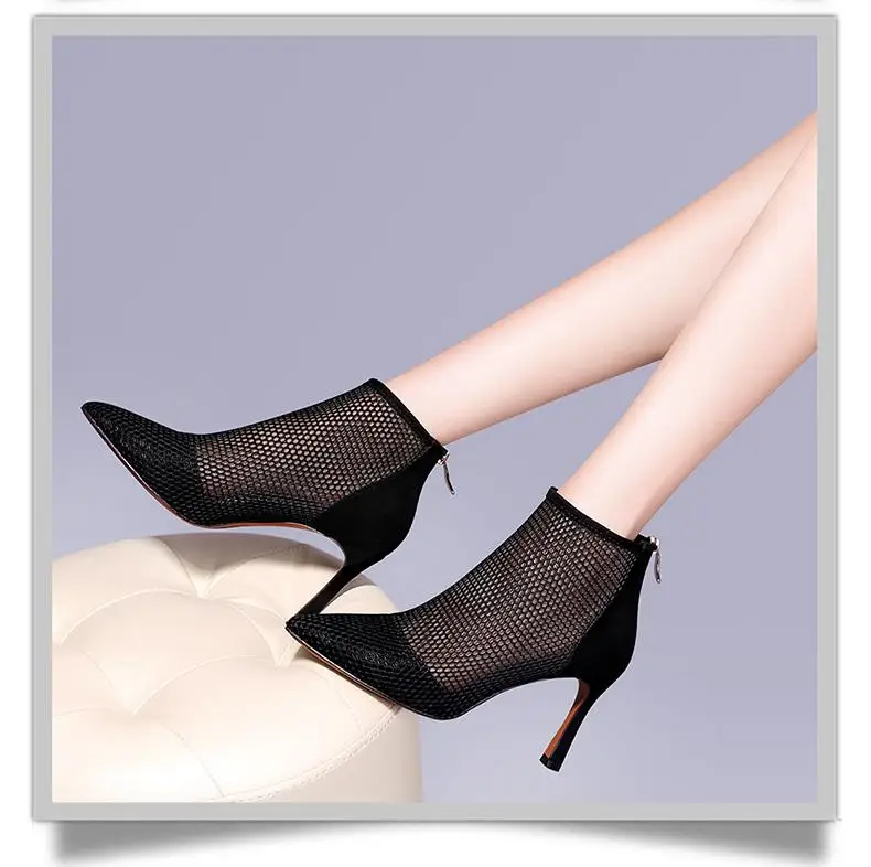 Г., летняя женская обувь на каблуке открытые ботинки из сетчатого материала на высоком каблуке ботинки с острым носком на молнии сзади черного и бежевого цвета