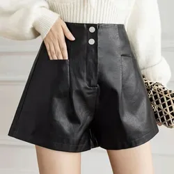 Outono inverno feminino couro do plutônio solto cintura alta magro casual calções de perna larga
