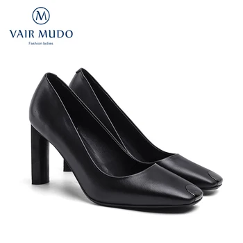 

VAIR MUDO Women Pumps Shoes High Heel Elegant Black White Genuine leather Square Toe Shallow Shoes Women Pumps Spring Shoe D148L