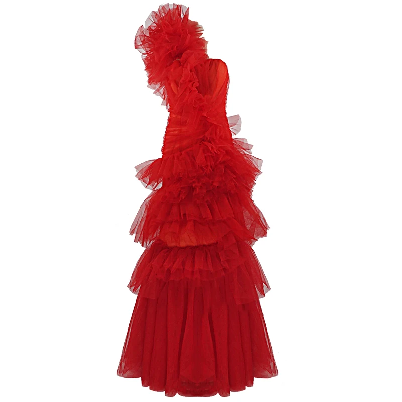 Горячее новое поступление, красное платье, элегантное, Каскадное, с оборками, Сетчатое, сексуальное, на одно плечо, для знаменитостей, для вечеринки, длинное платье - Цвет: Красный
