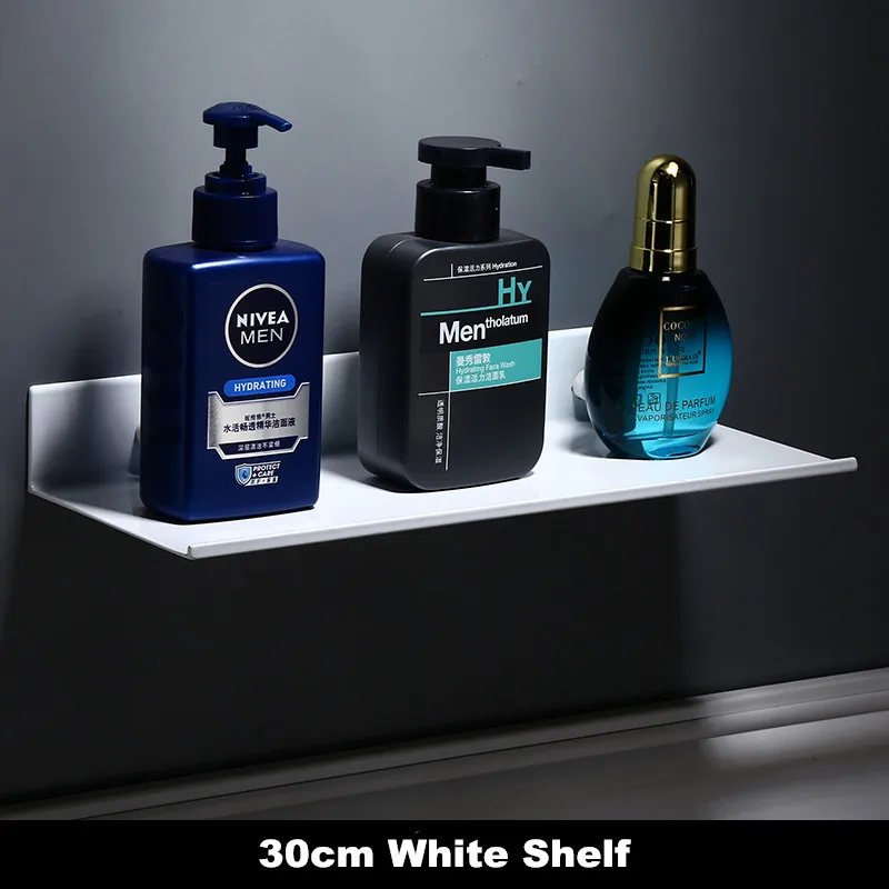 White - 30cm Космические алюминиевые элегантные белые полки для ванной комнаты на кухню стену полку душевой стеллаж для хранения аксессуары для ванной комнаты 30-60 см длина - Цвет: White - 30cm