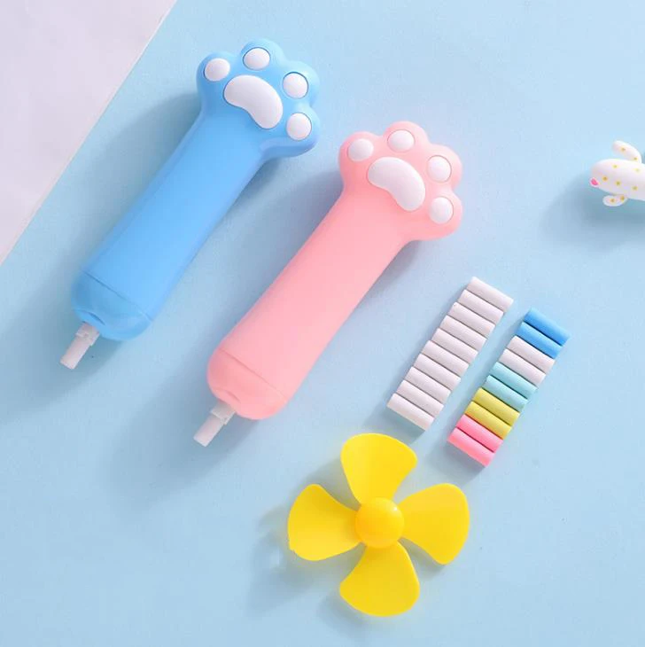 

1 Set Kawaii Candy Color Cat Paw Shape Electric Erasers with Refill Fan Pencil Rubber Erasers Painting Drawing Stationery