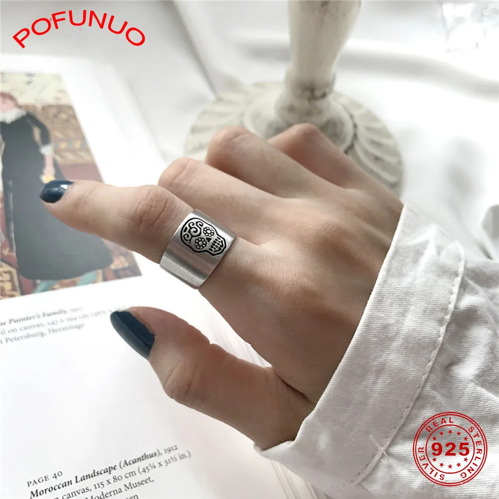 POFUNUO, настоящее 925 пробы, серебро, матовое, скрещенные кости, открытые кольца, для женщин, милые, модные, гипербола, Череп, кольца, серебряные ювелирные изделия