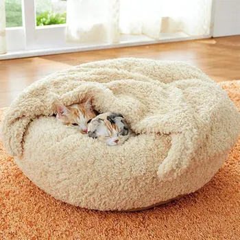 

Dog and Cat Bed with Blanket Warmth and Security Offers Head Neck and Joint Support Machine Washable Water-Resistant Bottom Pet