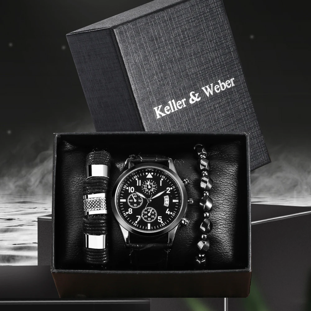 Clássico Men's Watch Bracelets Set Black Leather Quartz Relógios Homens Pulseira Ajustável Aniversário Natal Gift Box Kit para Masculino