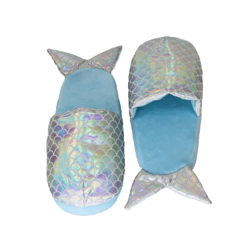 

2020 Customized Blue mermaid tail bedroom slippers Cartoonautumn fox fur slides plush zapatos de mujer fluffy slides