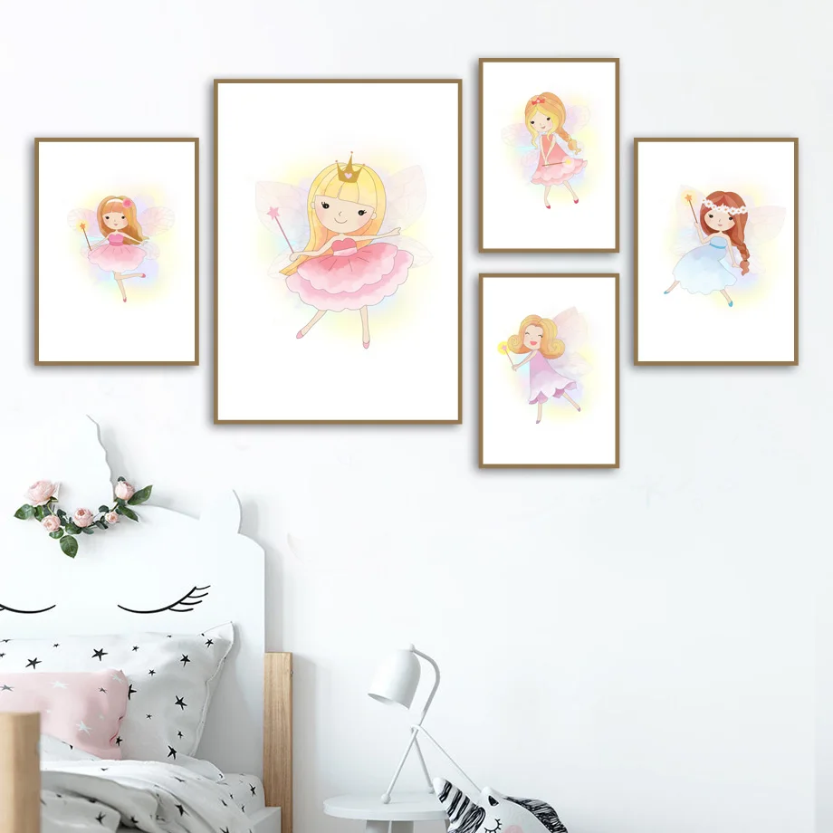 

Watercolor Cute Girl Little Princess Wall Art Print Canvas Painting Nordic Posters And Prints Wall Pictures For Kids Room Decor